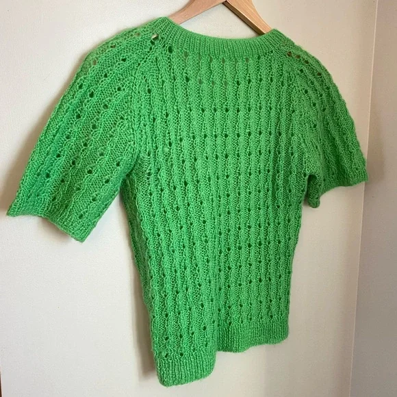 Green Open Knit Eyelet Short Sleeve V Neck Sweater Hand Knit S/M Cottagecore - Picture 8 of 9